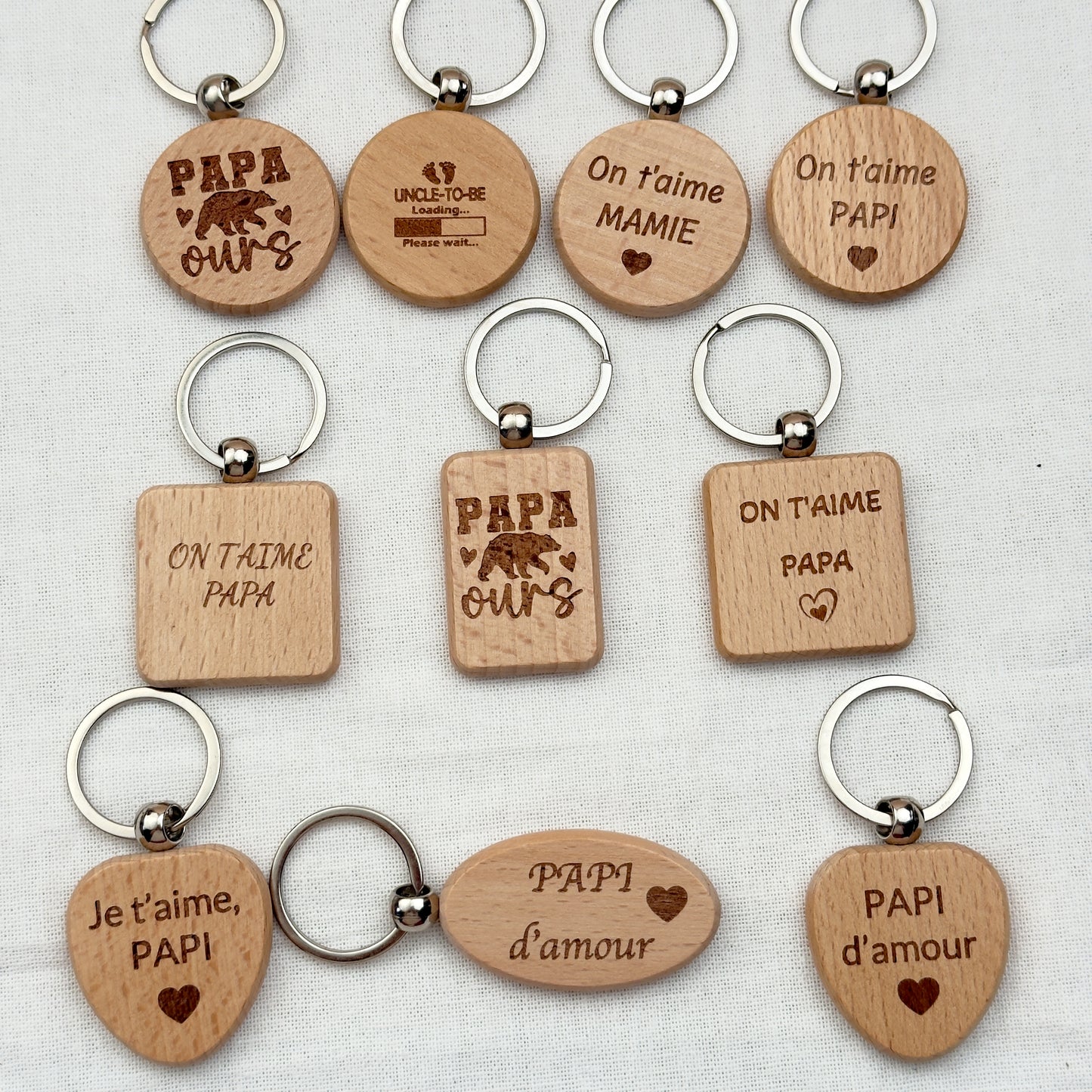 Porte-clés bois Super Papi, Papa, Parrain