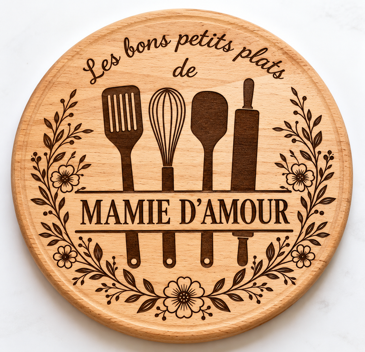 Plateau en bois gravé Mamie d’amour – Cadeau personnalisé pour grand-mère – 25 cm