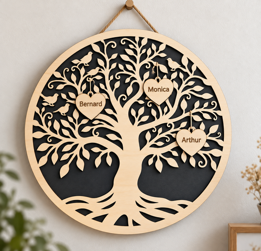 Arbre de vie personnalisé en bois – Famille & animaux