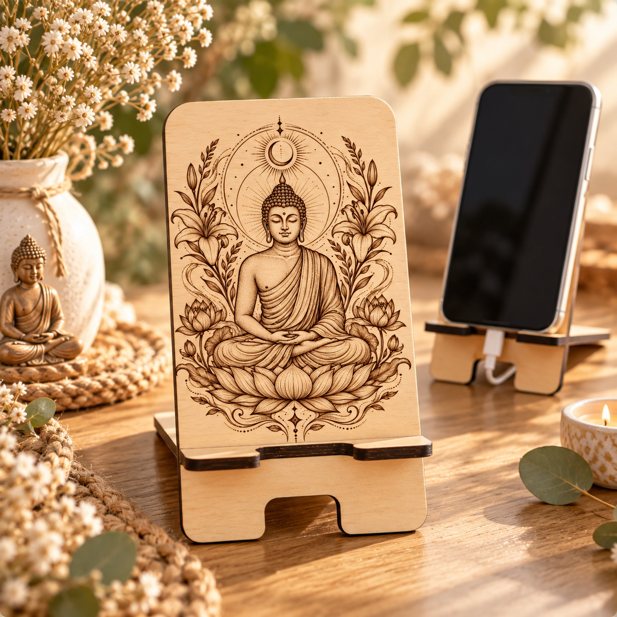 Support téléphone en bois gravé avec motif Bouddha – décoration zen