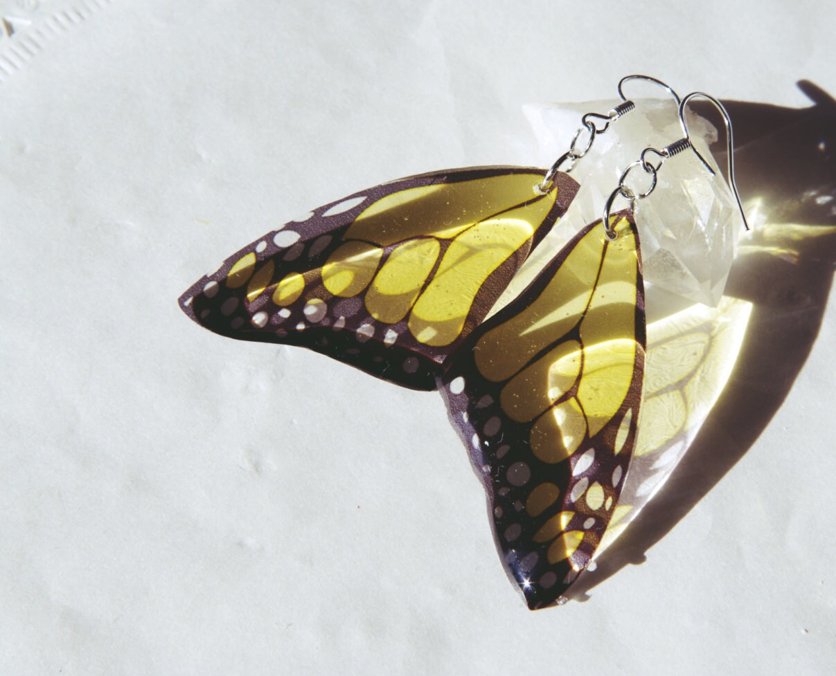 Insect jewelry Monarch butterfly jewelry Christmas gift Birthday Butterfly wings Yellow earrings Dangle earrings Insect earrings Eco resin