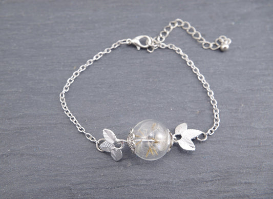 Dandelion Bracelet Real Dandelion seeds jewelry Terrarium Jewelry Mothers day gift mom Anniversary gift women Nature Jewelry Silver leaves