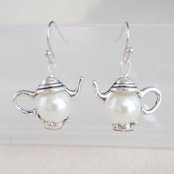 Teapot earrings silver drop earrings colorful earrings pearls jewelry tea earrings tea party teapot jewelry Mother's day gift women grandma
