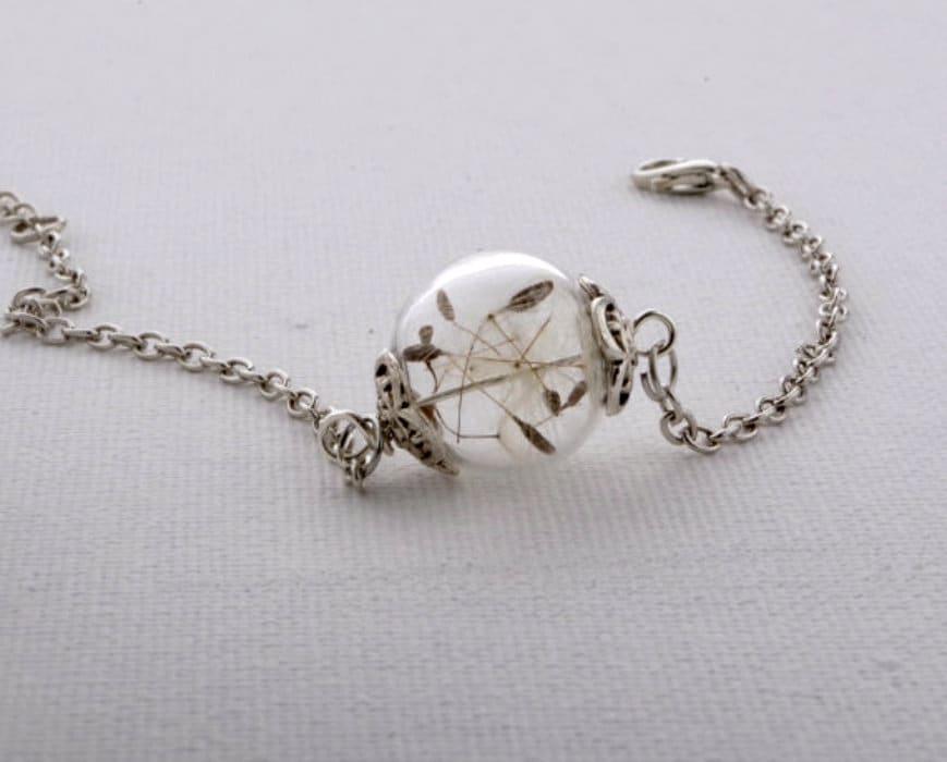 Bracelet boule de verre – Graine de pissenlit réelle dans perle soufflée à la main, longueur réglable