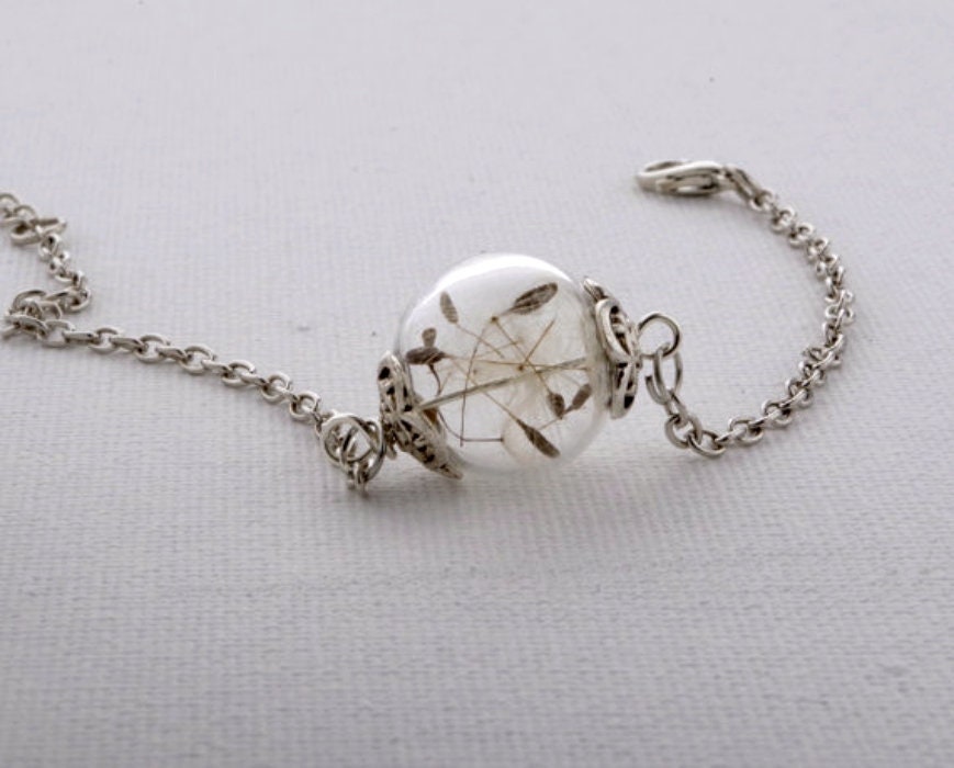 Bracelet boule de verre – Graine de pissenlit réelle dans perle soufflée à la main, longueur réglable