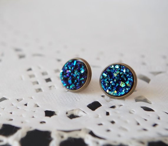 Blue druzy stud earrings Druzy post Druzy jewelry Small blue druzy studs Faux crystal earrings Crystal earrings Bridesmaid jewelry Tiny stud