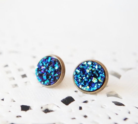 Blue druzy stud earrings Druzy post Druzy jewelry Small blue druzy studs Faux crystal earrings Crystal earrings Bridesmaid jewelry Tiny stud