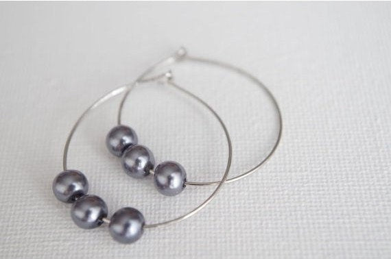 Grey Pearl Hoop Earring Teardrop Hoops Beaded Jewelry Christmas gift for her