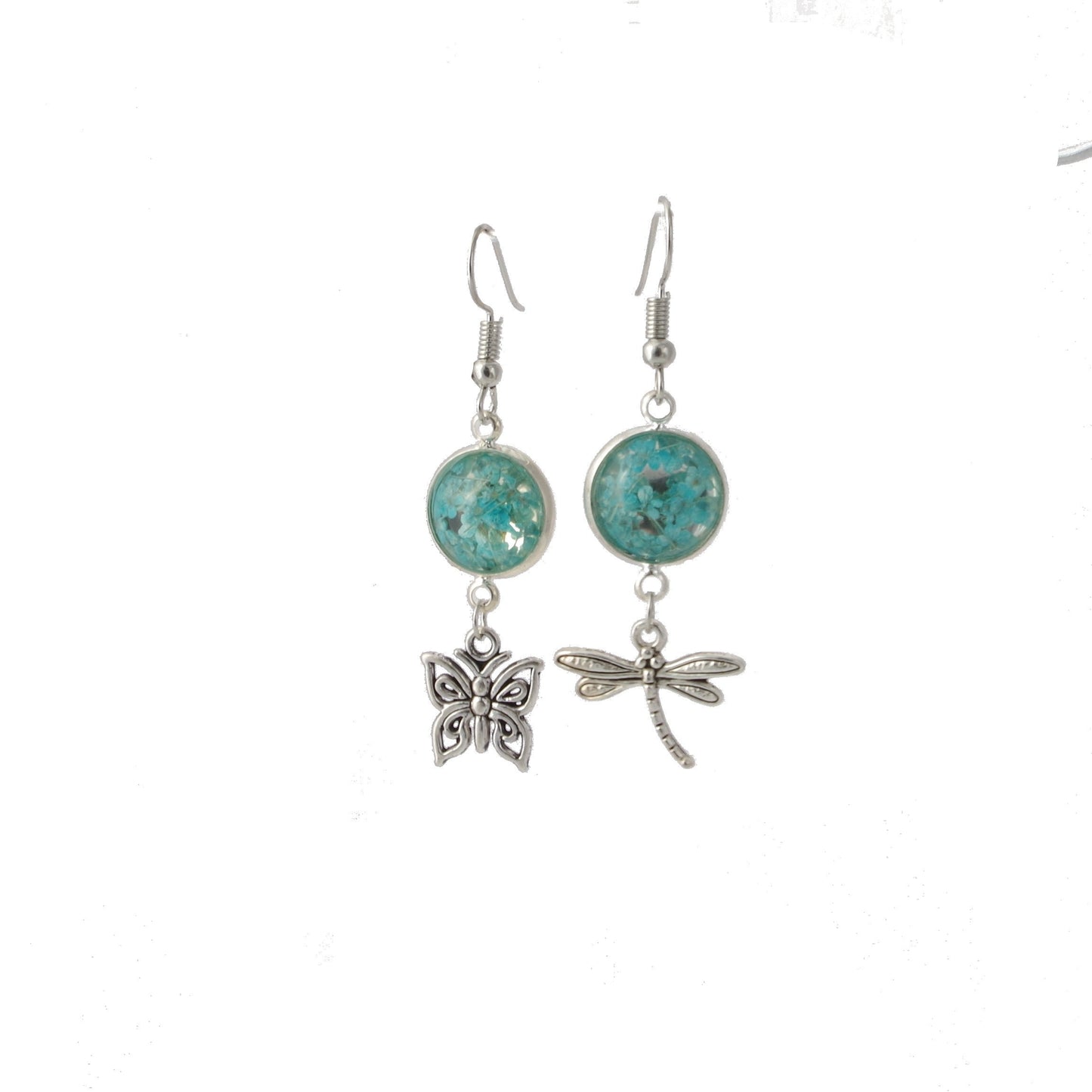 Real flower earrings Butterfly jewelry Mismatched earrings Asymmetrical Different Statement Dragonfly earrings Mix and match