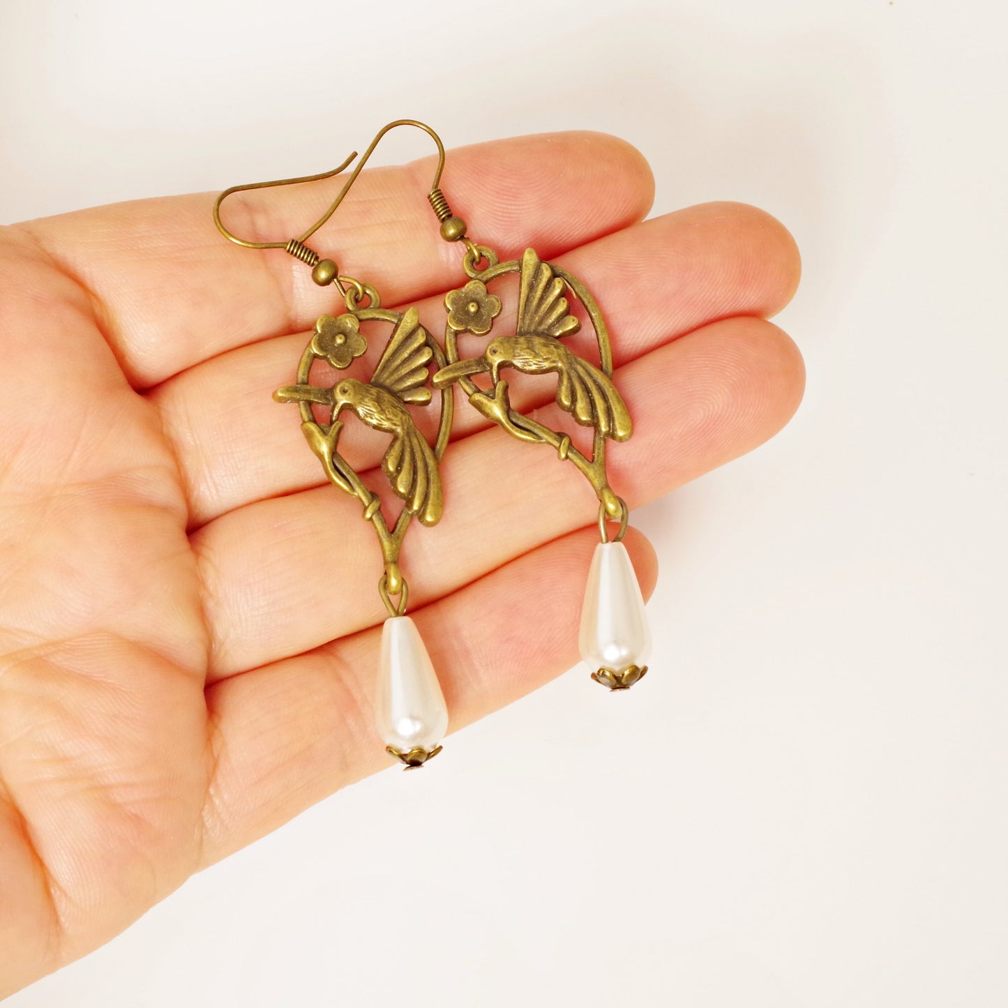 Hummingbird Earrings , Bronze Birds jewelry , Anima Long earrings , Christmas gift for women , Bird lover gift for her Pearl earrings