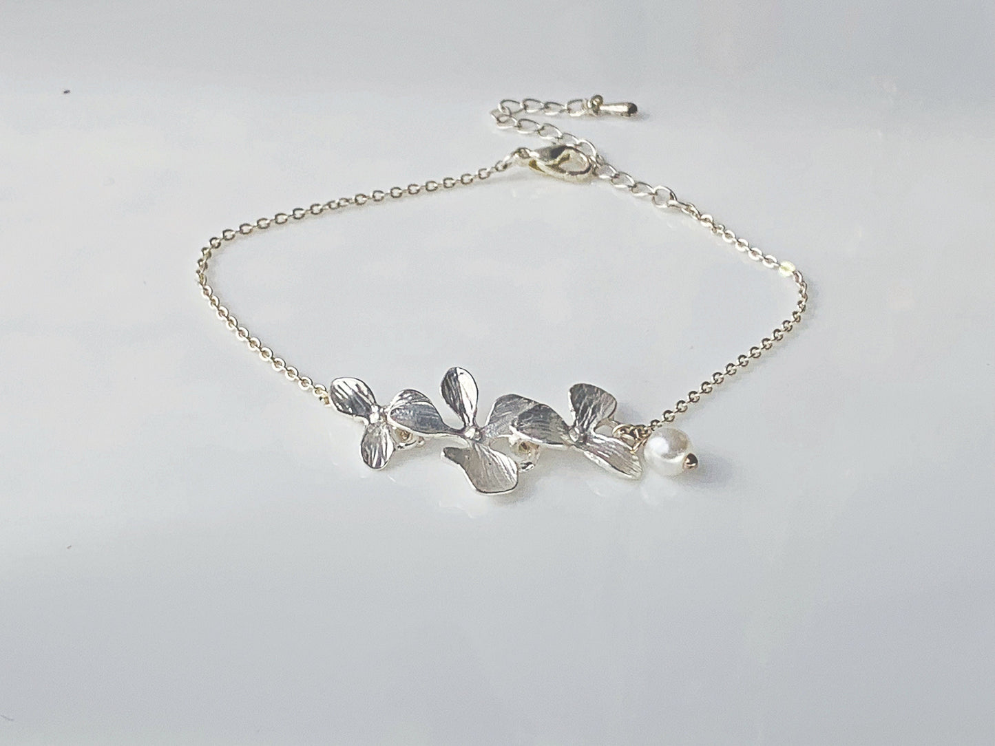 Silver Orchid Bracelet Cascading Flower Bracelet with Pearl Bridesmaid Bracelet Bridesmaid Gift for women Orchid jewelry