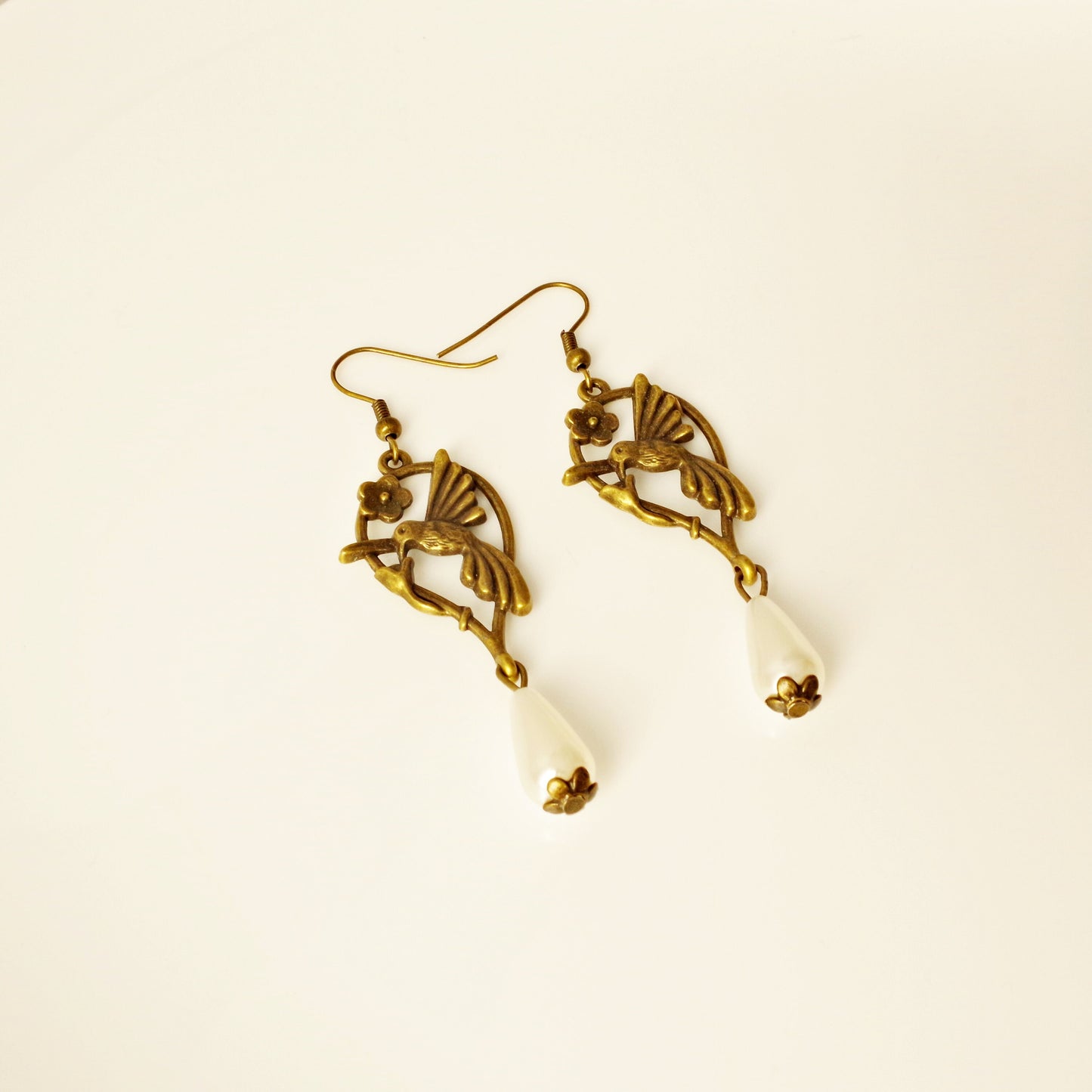 Hummingbird Earrings , Bronze Birds jewelry , Anima Long earrings , Christmas gift for women , Bird lover gift for her Pearl earrings