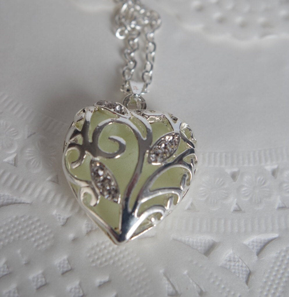 Glowing Necklace Heart Aqua Glowing Necklace Glowing Jewelry Glowing Pendant Glow in the Dark Necklace valentines day gift for her Mothers