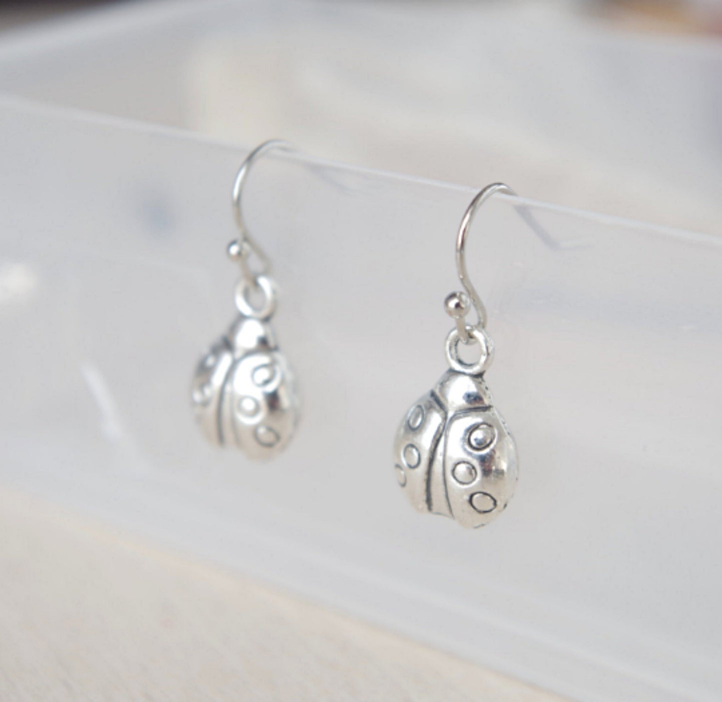 Silver Ladybird Earrings Insect Jewelry Minimalist Drop Earrings Hypoallergenic Surgical Steel Earrings Gift for girl gift for her