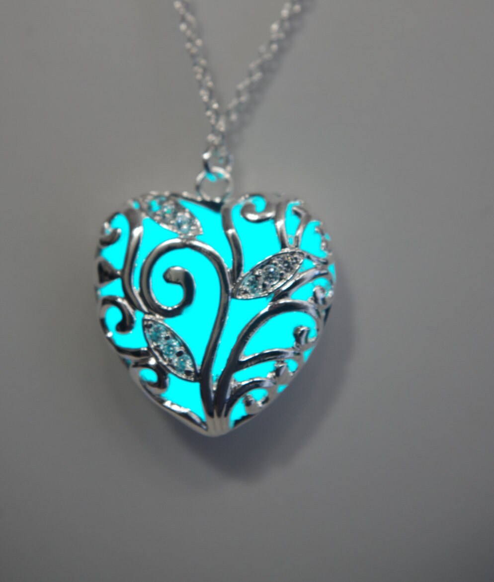 Glowing Necklace Heart Aqua Glowing Necklace Glowing Jewelry Glowing Pendant Glow in the Dark Necklace valentines day gift for her Mothers
