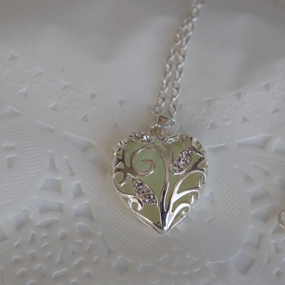 Glowing Necklace Heart Aqua Glowing Necklace Glowing Jewelry Glowing Pendant Glow in the Dark Necklace valentines day gift for her Mothers