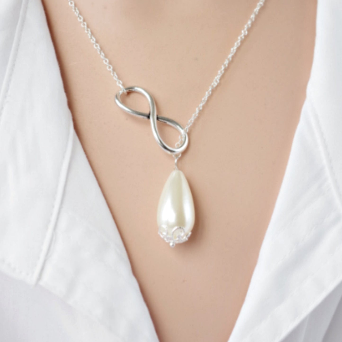 Water Pearl Lariat Necklace Infinity Jewelry Weddings gift Bridal Jewelry Gift for her silver necklace Christmas gift for mom