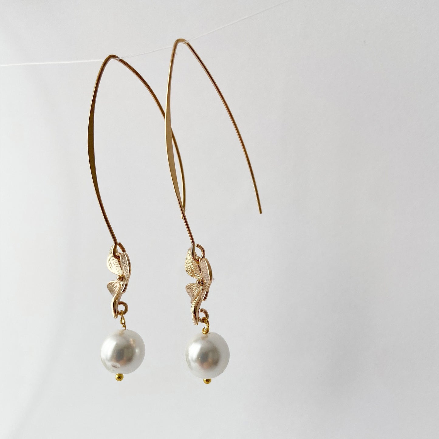 Gold orchid earrings Pearl long dangle flower earrings Floral Bridal jewelry Ivory cream pearl wedding earrings