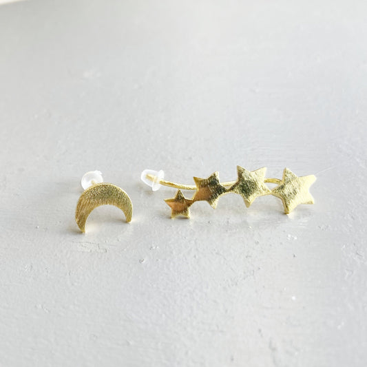Crescent Moon Stud and Stars Ear Climber Mismatched stud earrings Asymmetrical Mix and match small star Unique gifts for women friends