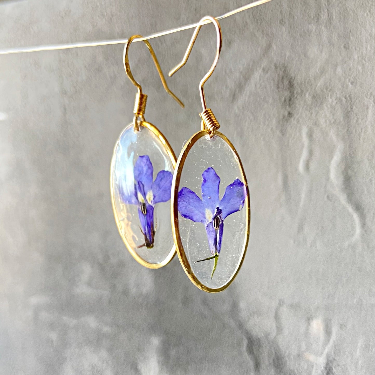 Purple lobelia in resin earrings Pressed flower dangle earrings Real flower jewelry