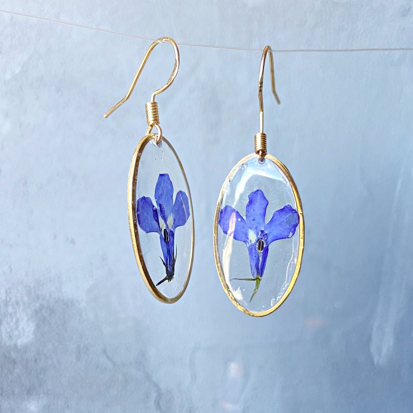 Purple lobelia in resin earrings Pressed flower dangle earrings Real flower jewelry