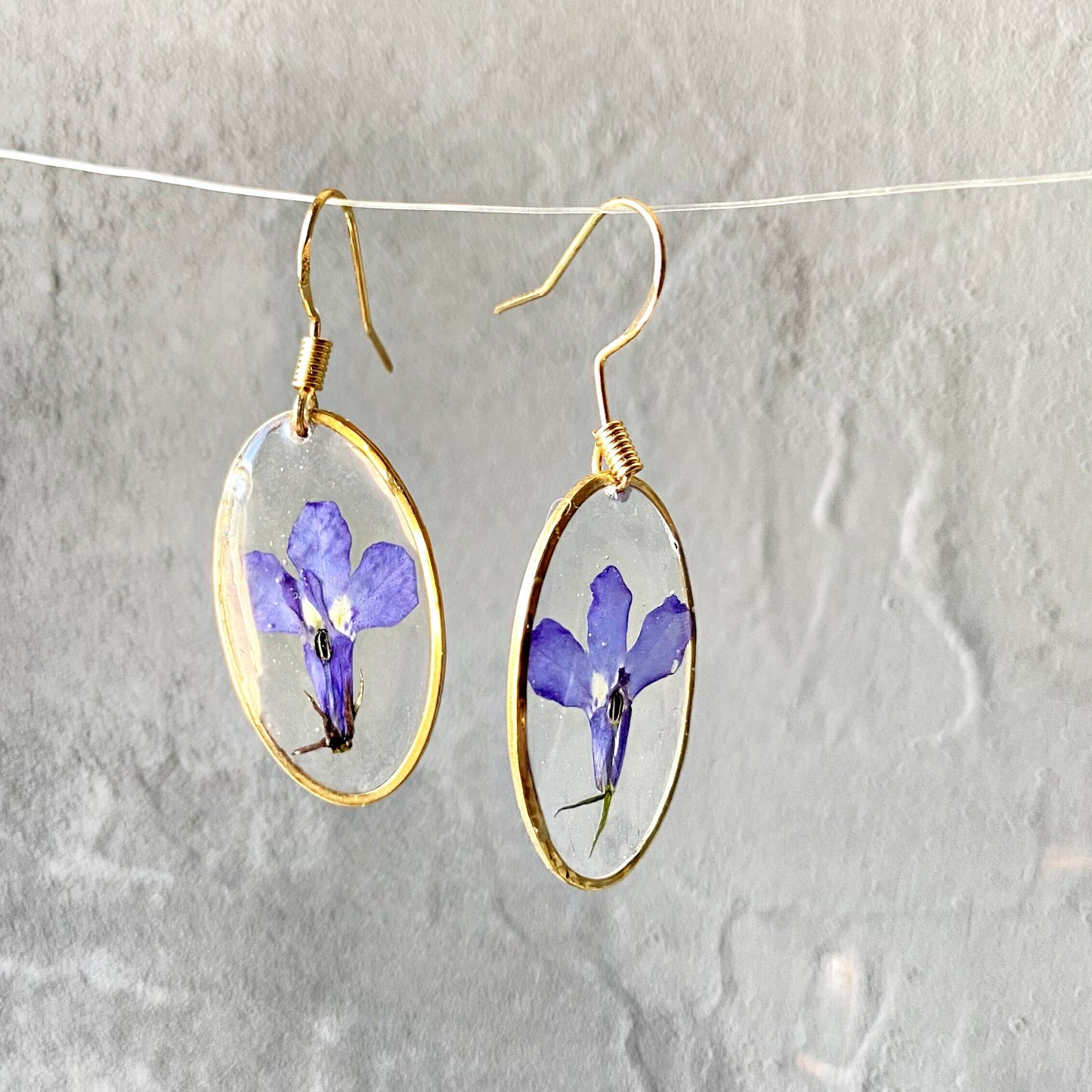 Purple lobelia in resin earrings Pressed flower dangle earrings Real flower jewelry