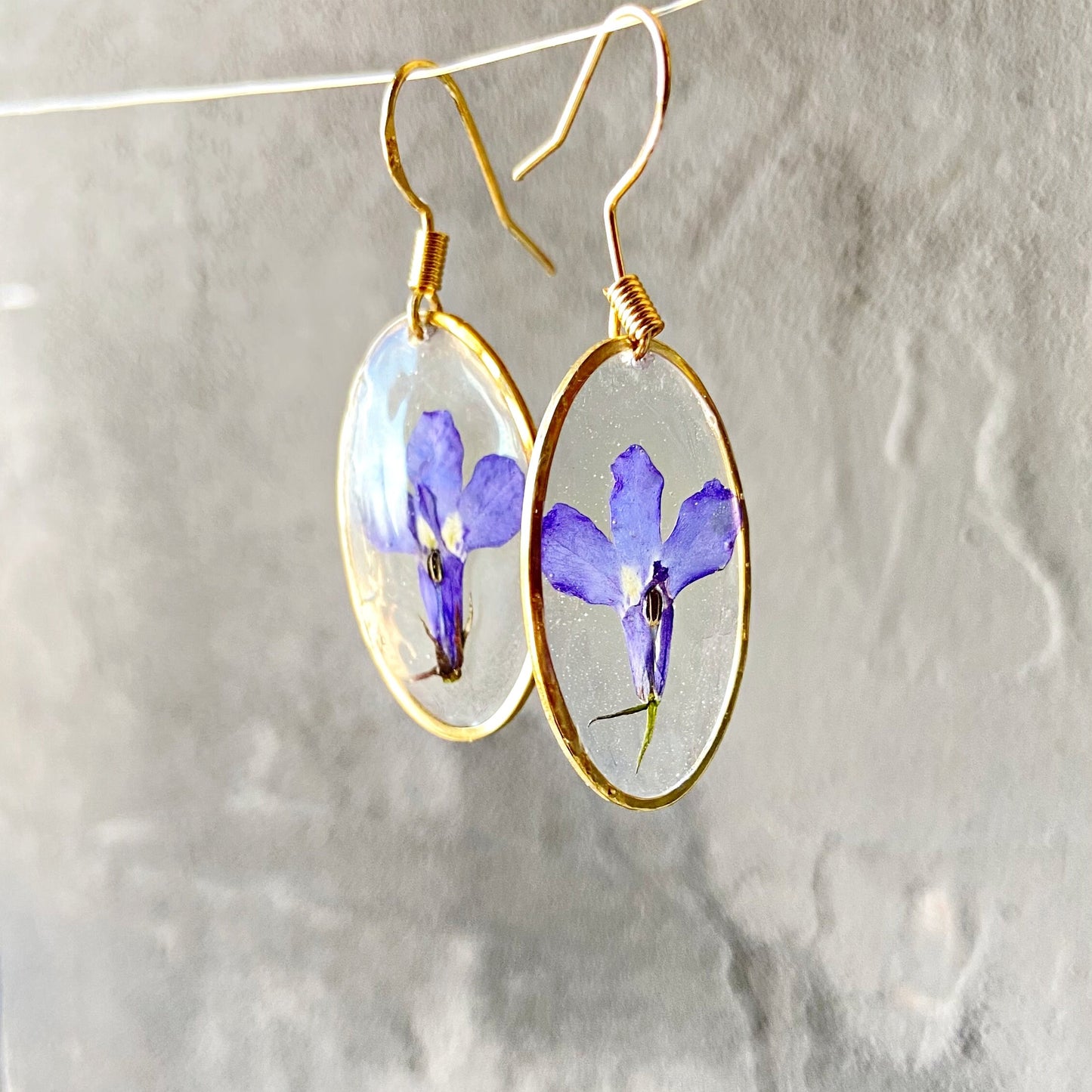 Purple lobelia in resin earrings Pressed flower dangle earrings Real flower jewelry