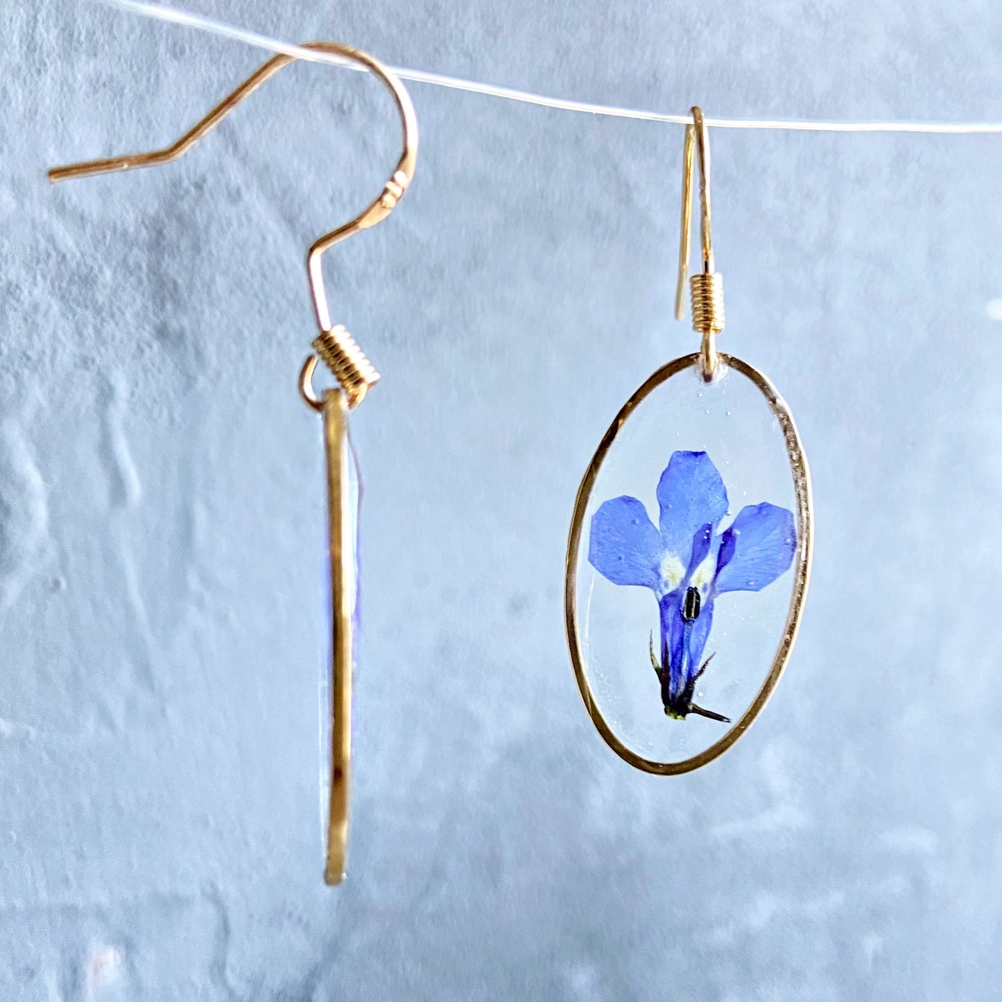 Purple lobelia in resin earrings Pressed flower dangle earrings Real flower jewelry