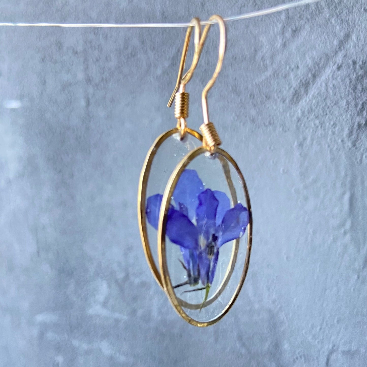 Purple lobelia in resin earrings Pressed flower dangle earrings Real flower jewelry