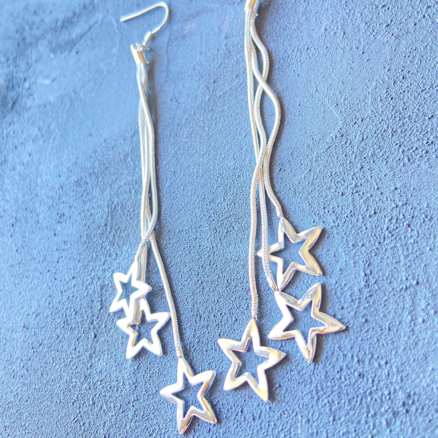 Small Star Silver Dangle Drop Earrings Galaxy Cascade of Stars Jewelry Falling Stars Threader Long Earrings