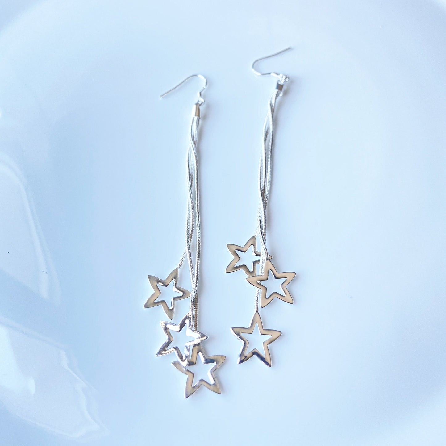 Small Star Silver Dangle Drop Earrings Galaxy Cascade of Stars Jewelry Falling Stars Threader Long Earrings