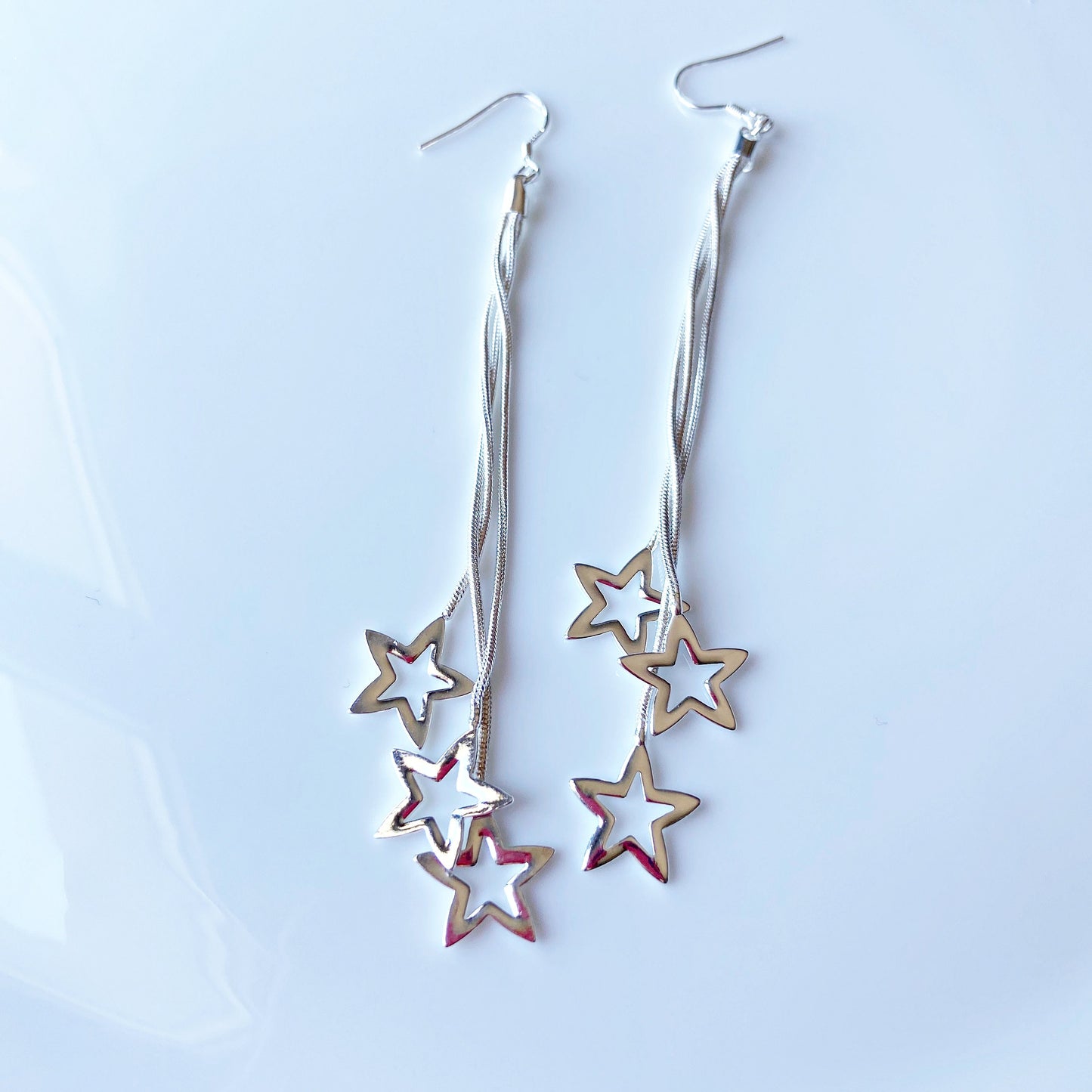 Small Star Silver Dangle Drop Earrings Galaxy Cascade of Stars Jewelry Falling Stars Threader Long Earrings