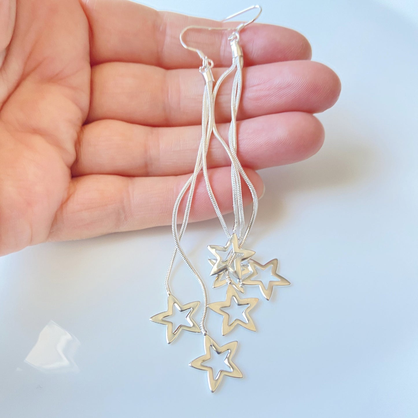 Small Star Silver Dangle Drop Earrings Galaxy Cascade of Stars Jewelry Falling Stars Threader Long Earrings