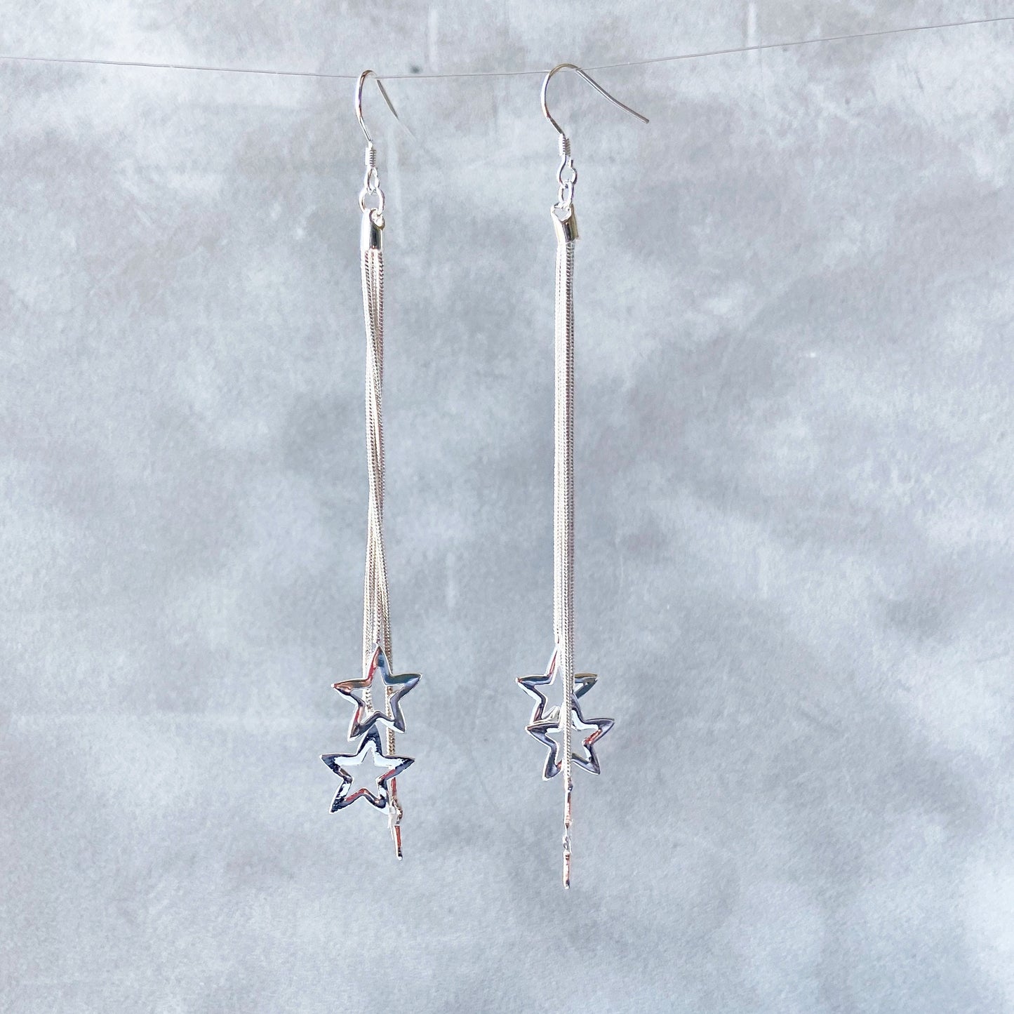 Small Star Silver Dangle Drop Earrings Galaxy Cascade of Stars Jewelry Falling Stars Threader Long Earrings
