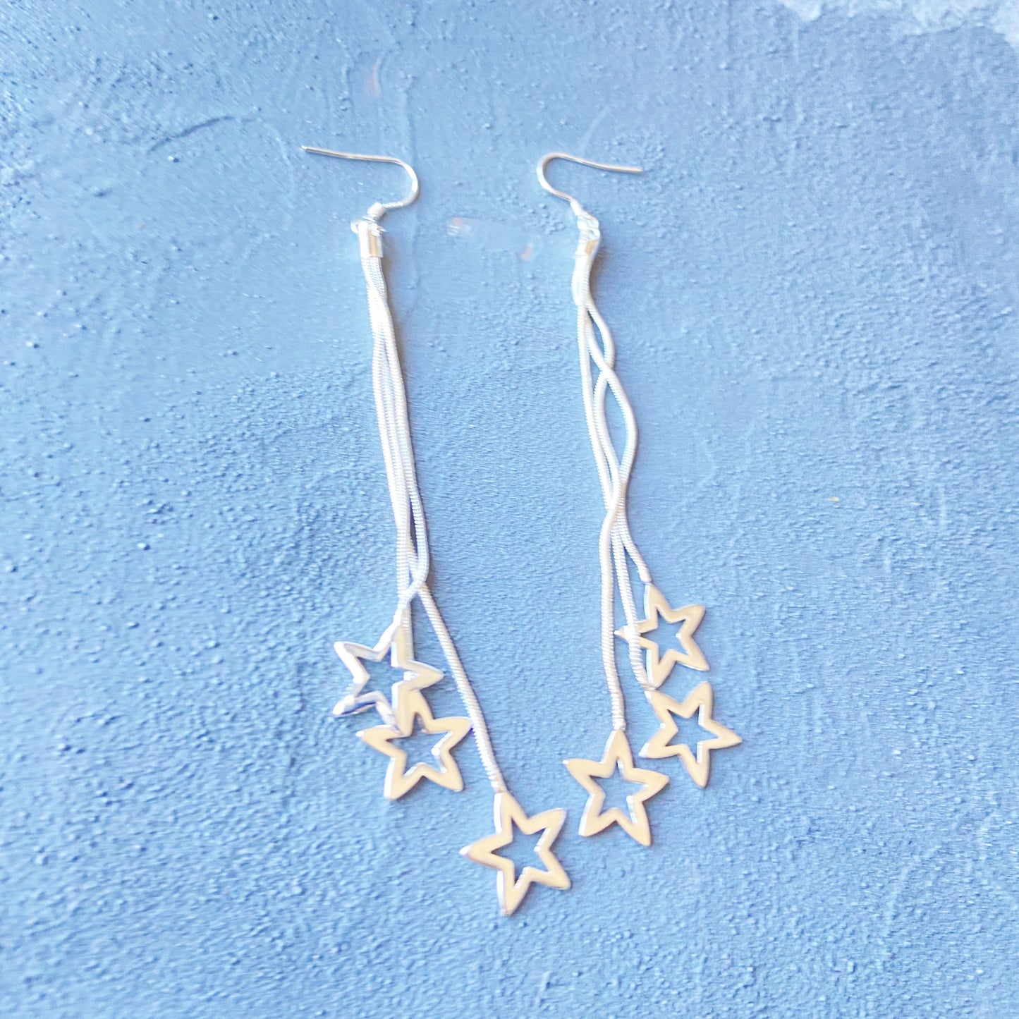 Small Star Silver Dangle Drop Earrings Galaxy Cascade of Stars Jewelry Falling Stars Threader Long Earrings