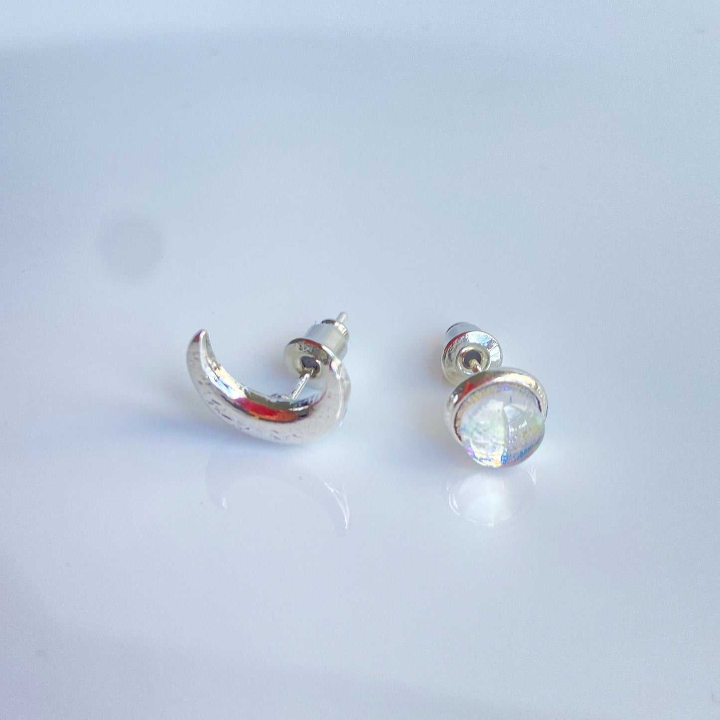Tiny Moon and moonstone mismatched stud earrings , Celestial jewelry for women , Minimalist Crescent Moon Earrings