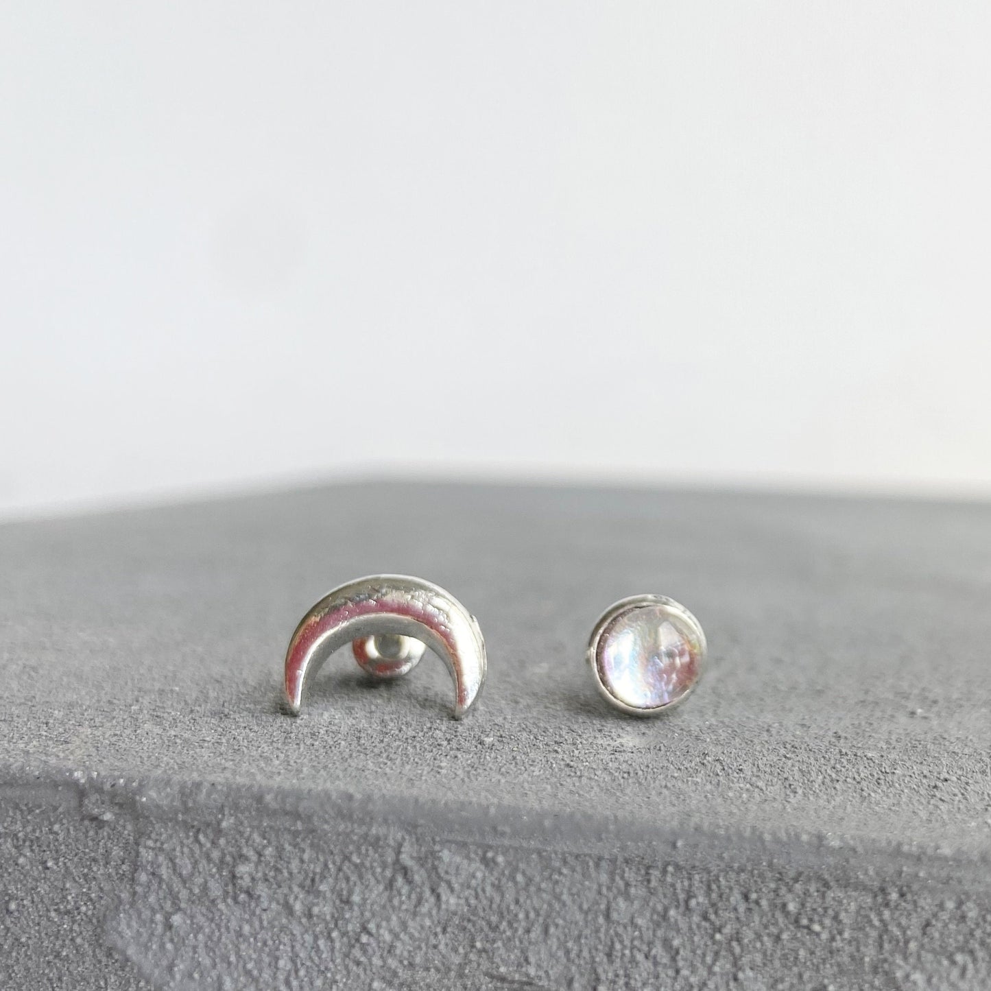Tiny Moon and moonstone mismatched stud earrings , Celestial jewelry for women , Minimalist Crescent Moon Earrings