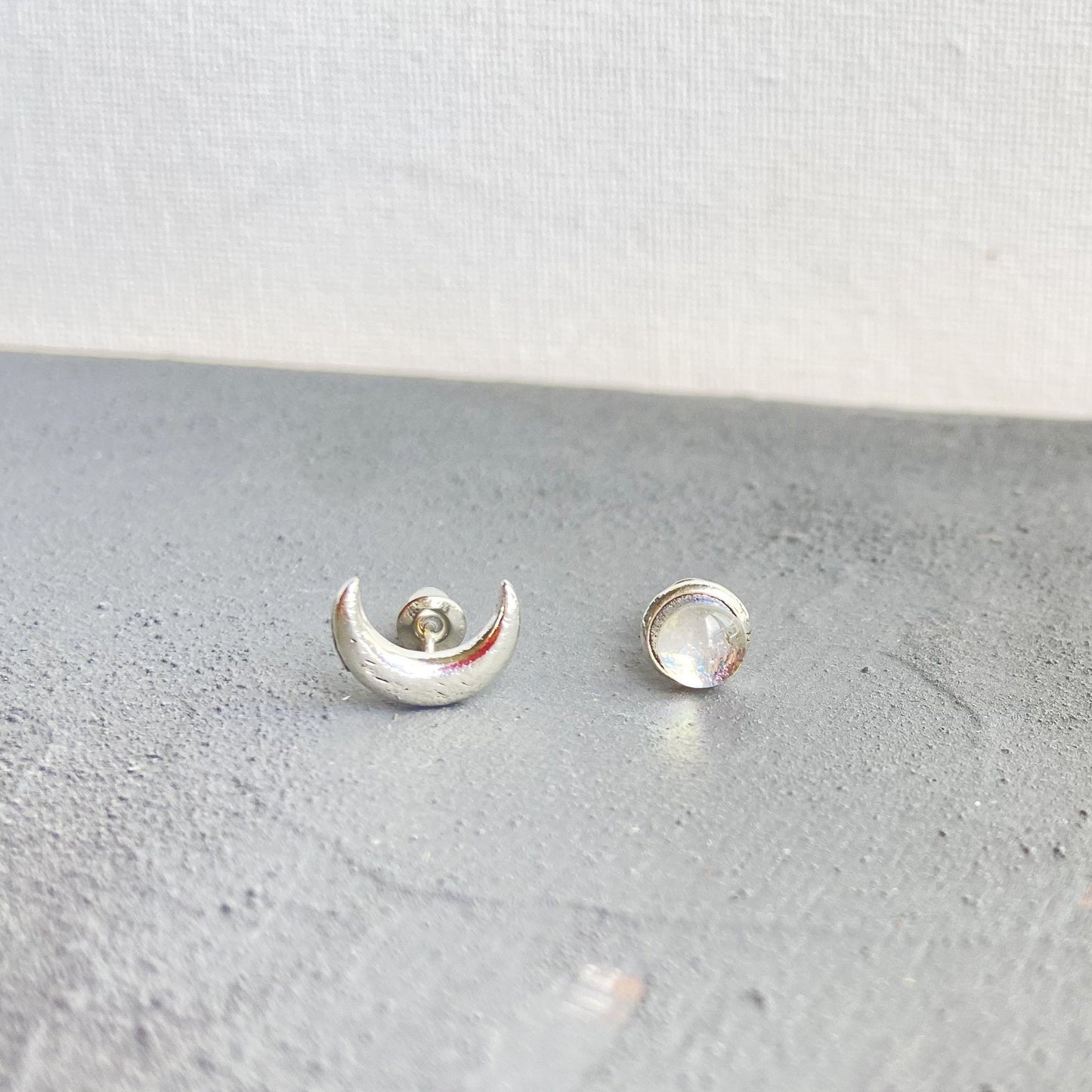Tiny Moon and moonstone mismatched stud earrings , Celestial jewelry for women , Minimalist Crescent Moon Earrings