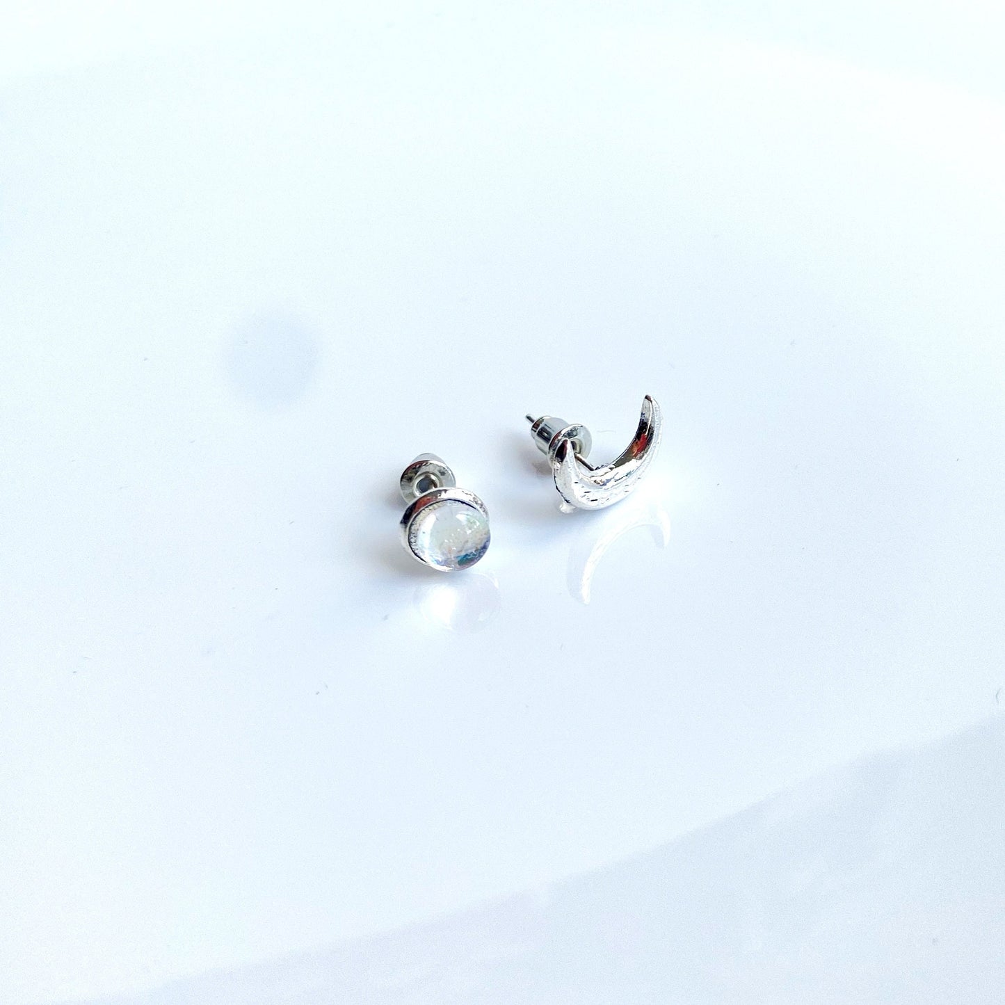 Tiny Moon and moonstone mismatched stud earrings , Celestial jewelry for women , Minimalist Crescent Moon Earrings