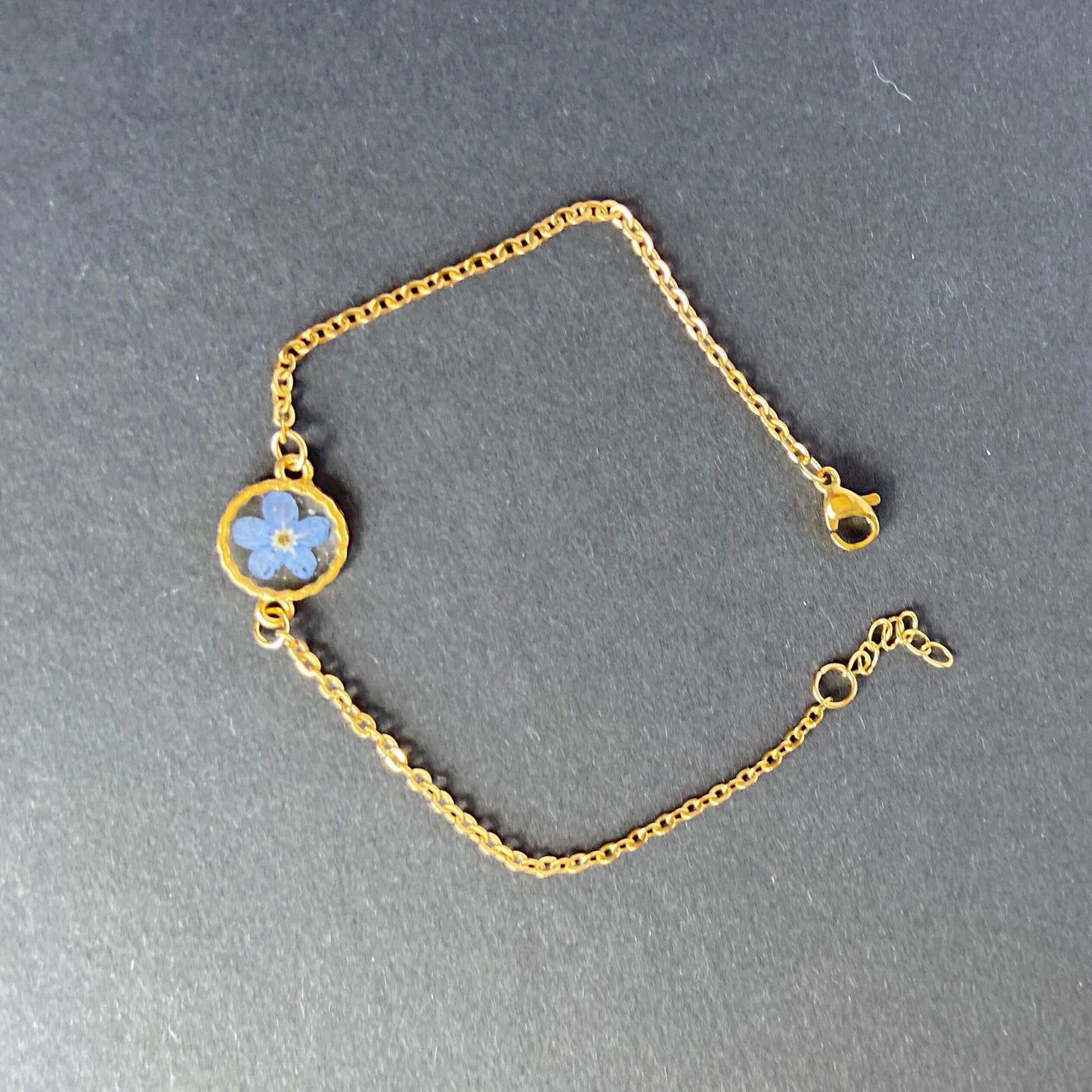 Blue flower in resin gold bracelet for women Flower Forget me not handmade jewelry Christmas gift for her Bridesmaid gift