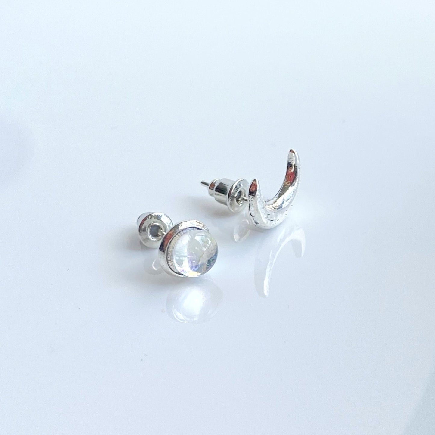 Tiny Moon and moonstone mismatched stud earrings , Celestial jewelry for women , Minimalist Crescent Moon Earrings