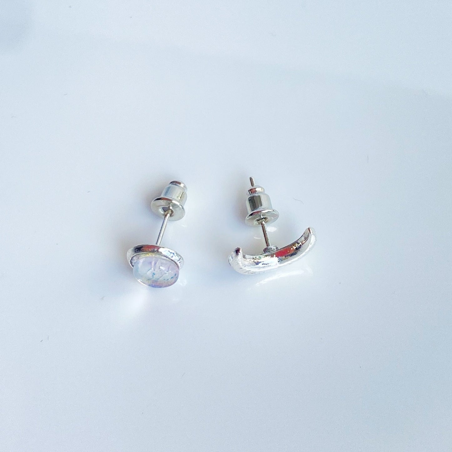 Tiny Moon and moonstone mismatched stud earrings , Celestial jewelry for women , Minimalist Crescent Moon Earrings