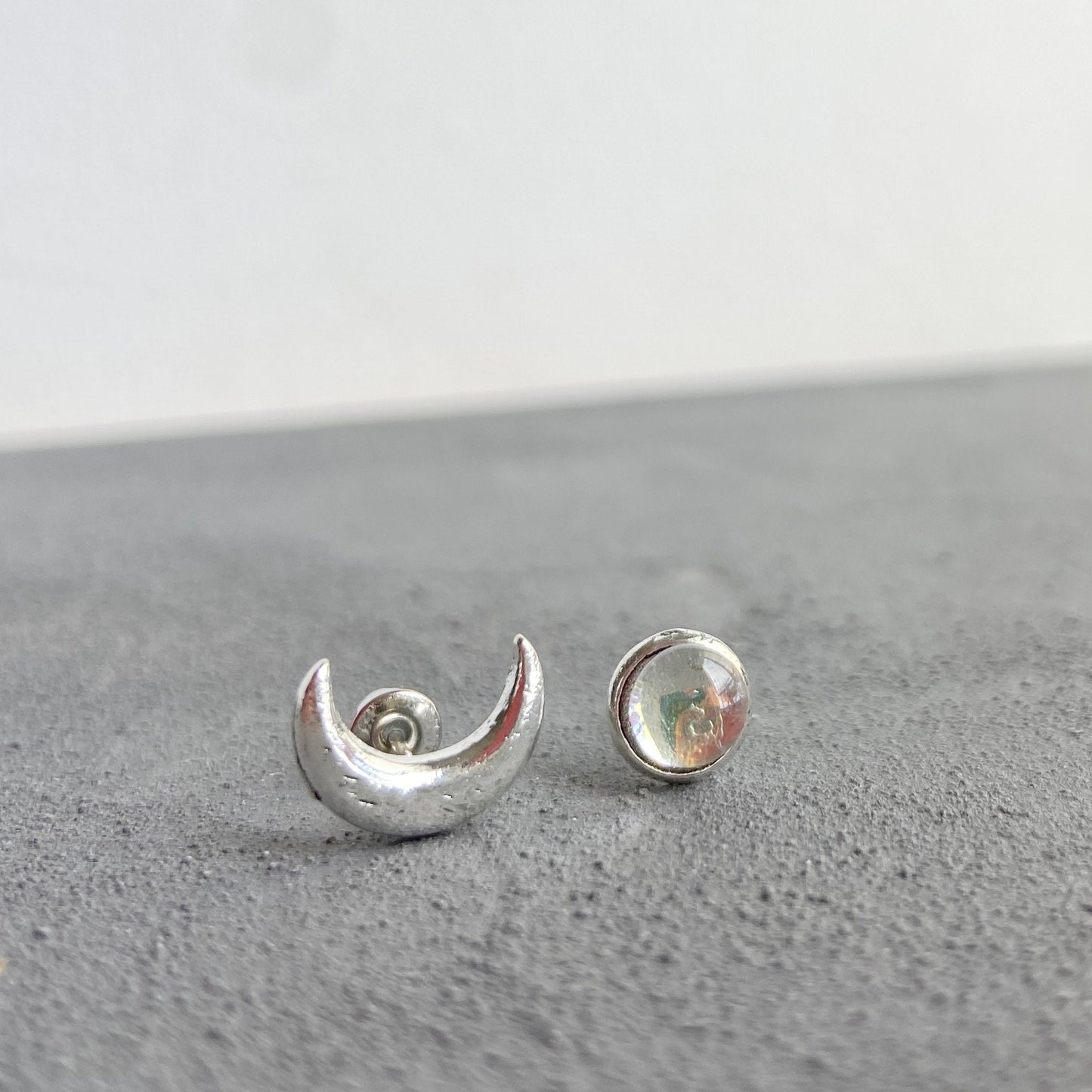 Tiny Moon and moonstone mismatched stud earrings , Celestial jewelry for women , Minimalist Crescent Moon Earrings