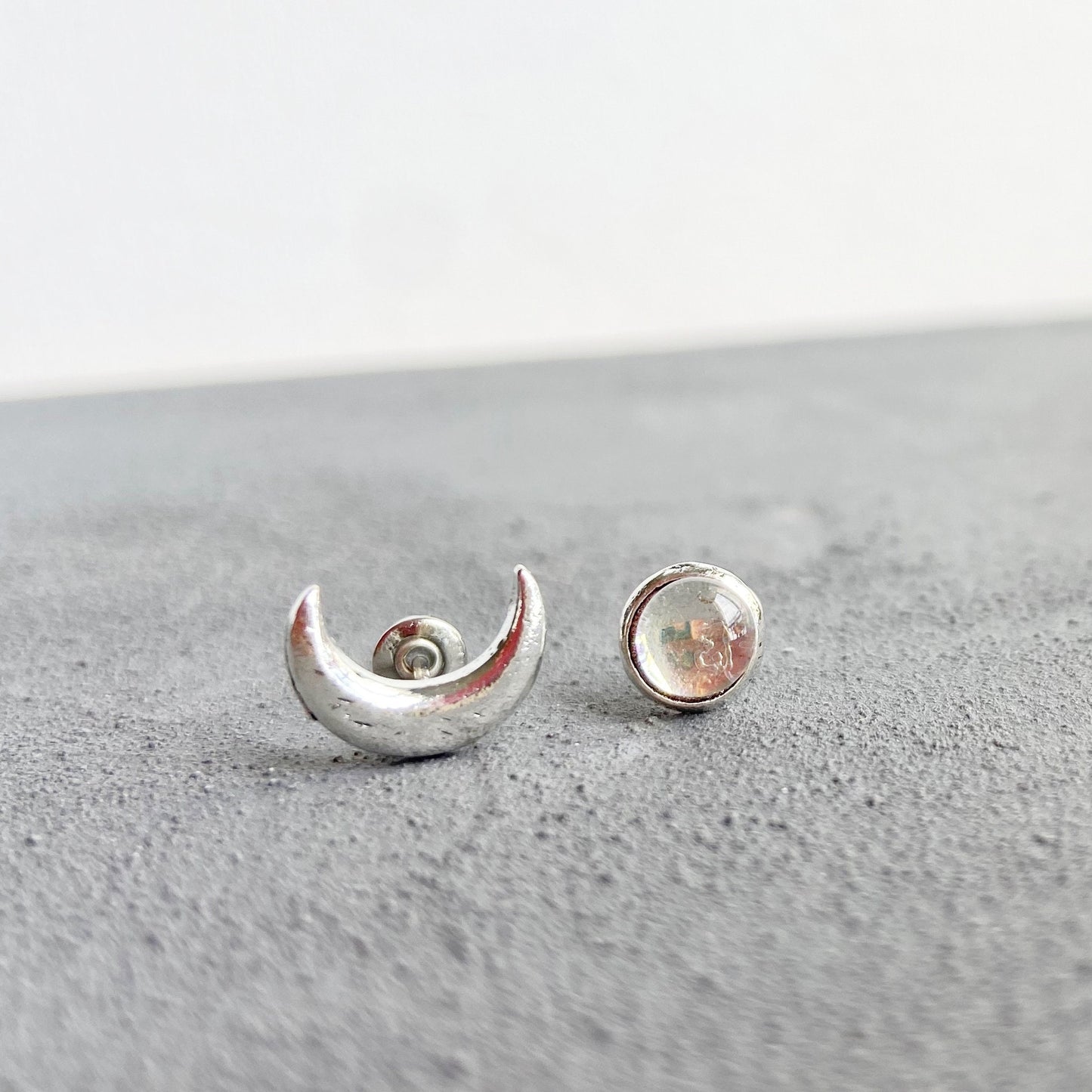 Tiny Moon and moonstone mismatched stud earrings , Celestial jewelry for women , Minimalist Crescent Moon Earrings