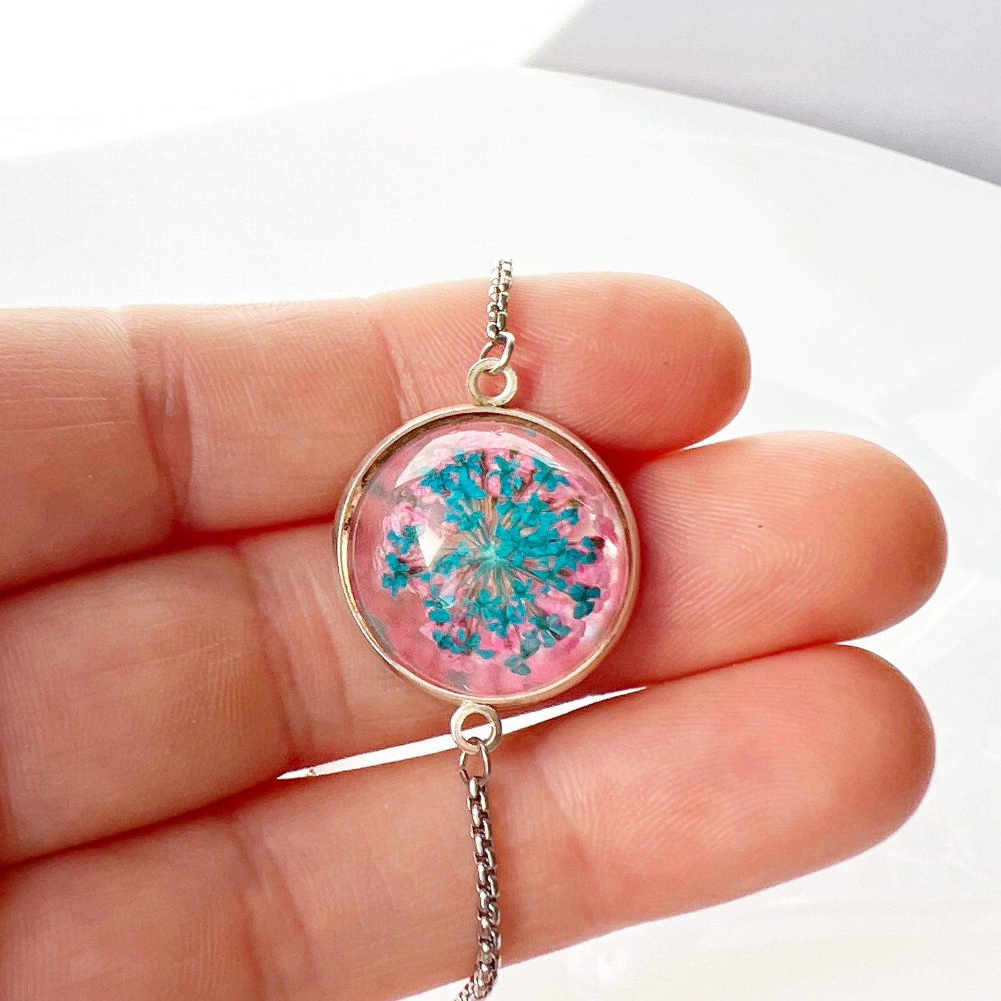 Flower turquoise in resin pink bracelet Real pressed flower jewelry for women Handmade Mothers day gift for mom