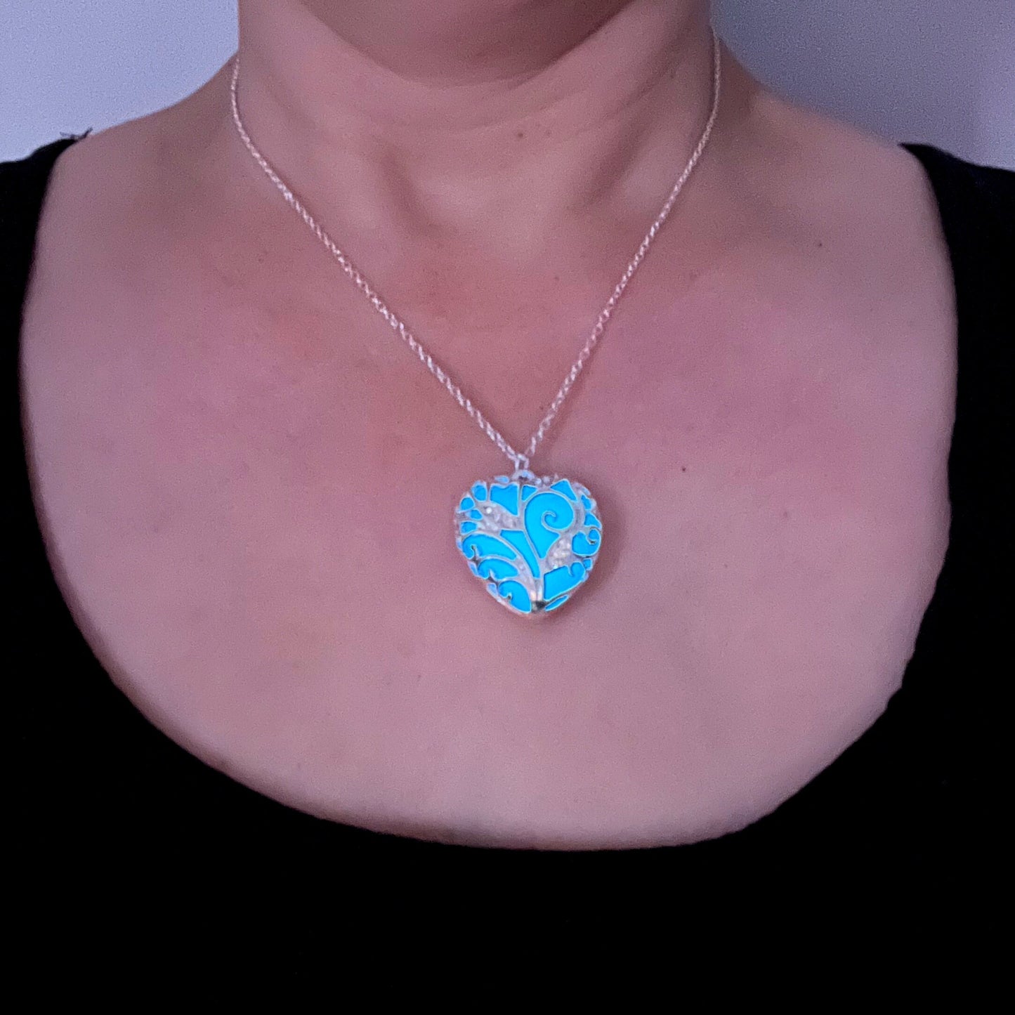 Blue glowing necklace silver necklace heart pendants glow necklace glow in the dark necklace glowing jewelry gifts for mom Valentines day