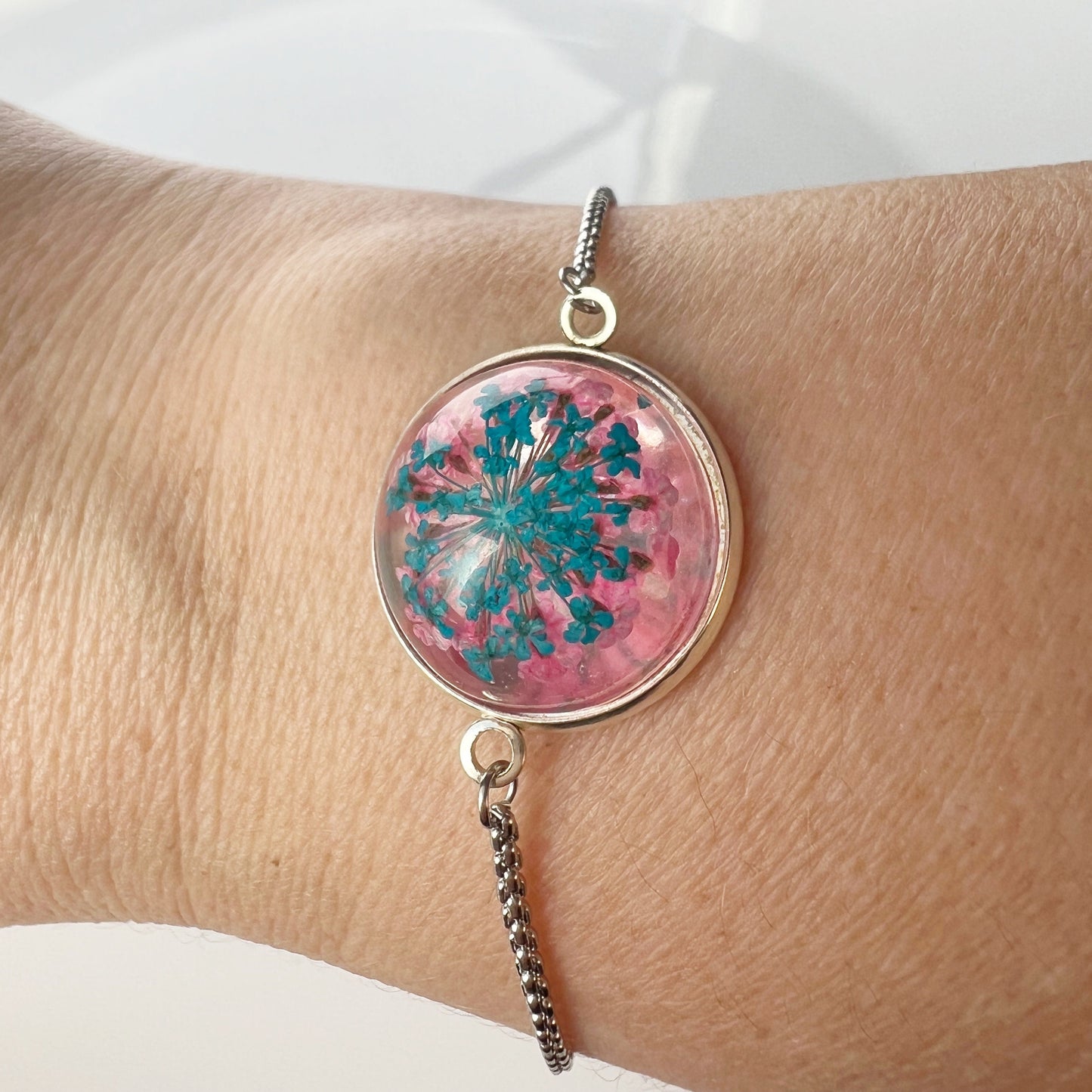 Flower turquoise in resin pink bracelet Real pressed flower jewelry for women Handmade Mothers day gift for mom