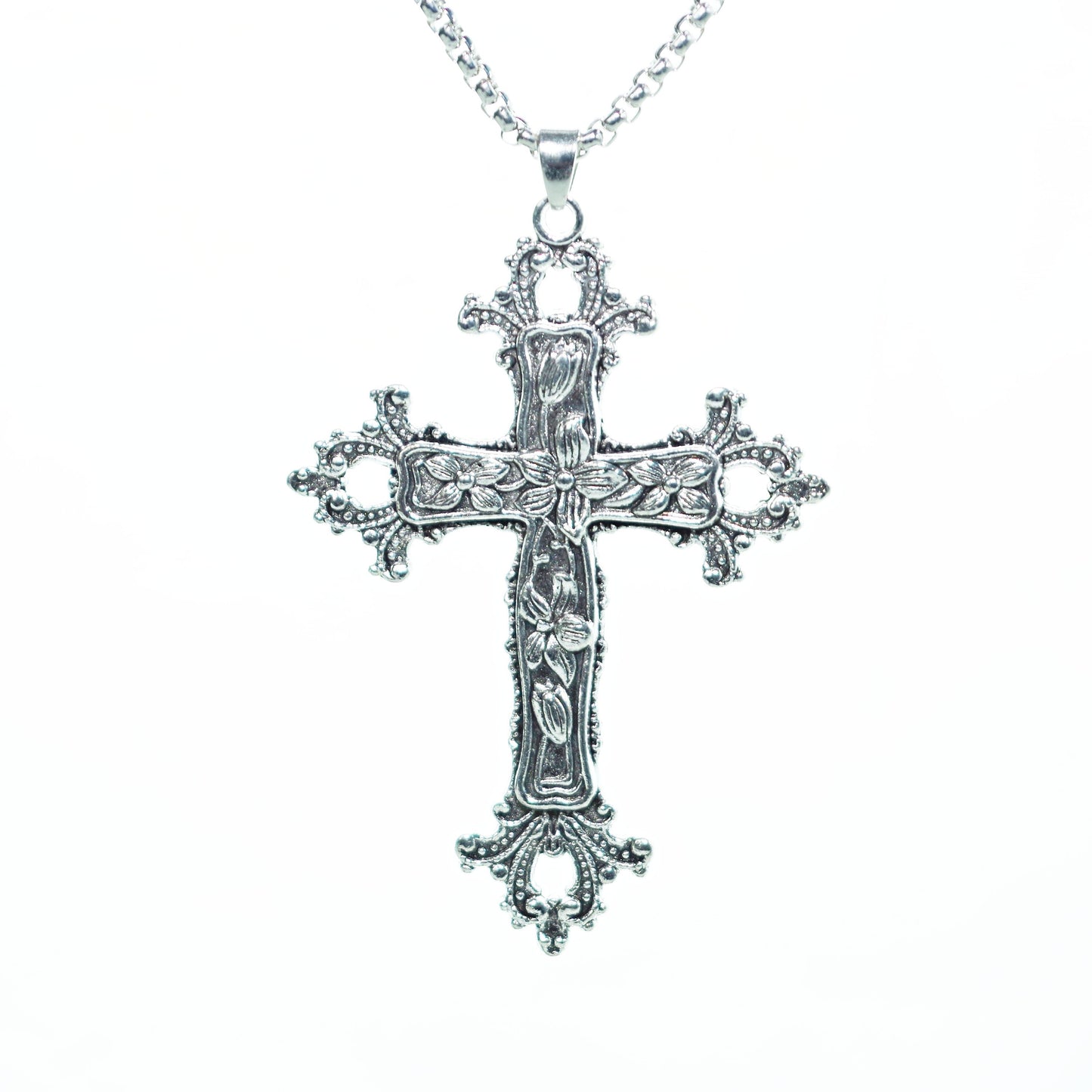 Gothic large cross necklace Religious jewelry Detailed floral cross pendant Big cross layer necklace long 24 " Jesus crucifix Religious
