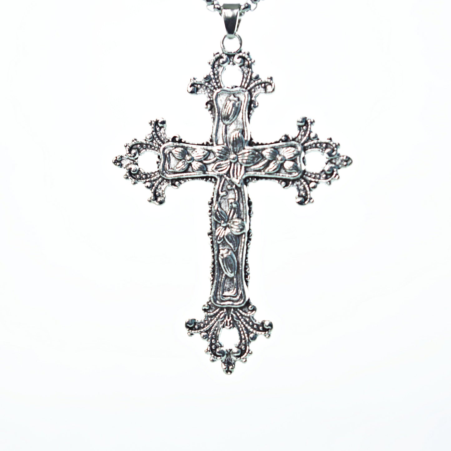 Gothic large cross necklace Religious jewelry Detailed floral cross pendant Big cross layer necklace long 24 " Jesus crucifix Religious