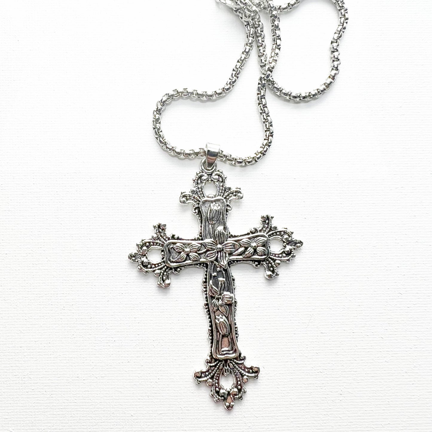 Gothic large cross necklace Religious jewelry Detailed floral cross pendant Big cross layer necklace long 24 " Jesus crucifix Religious